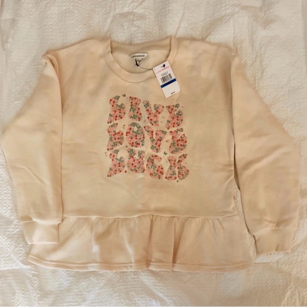 Lucky Brand Kids Girl's XL 'Live Love Luck' Long Sleeve Ruffle Floral Cream Top